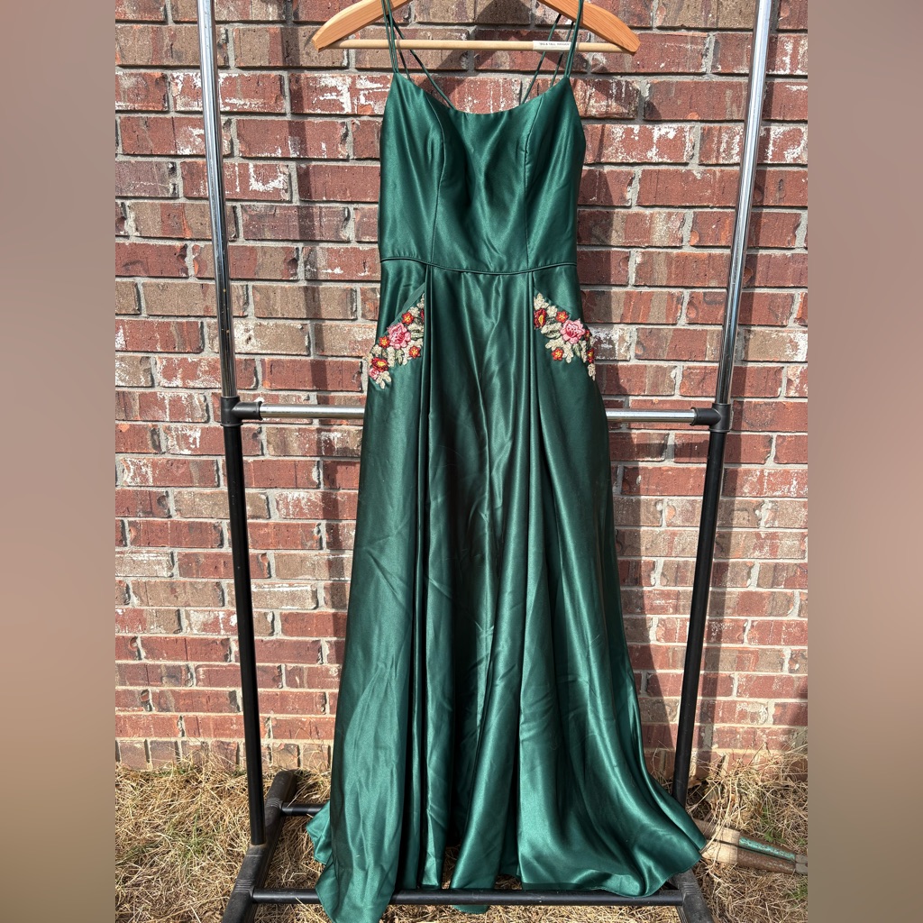 Satin Double Strap Gown With Floral Pockets